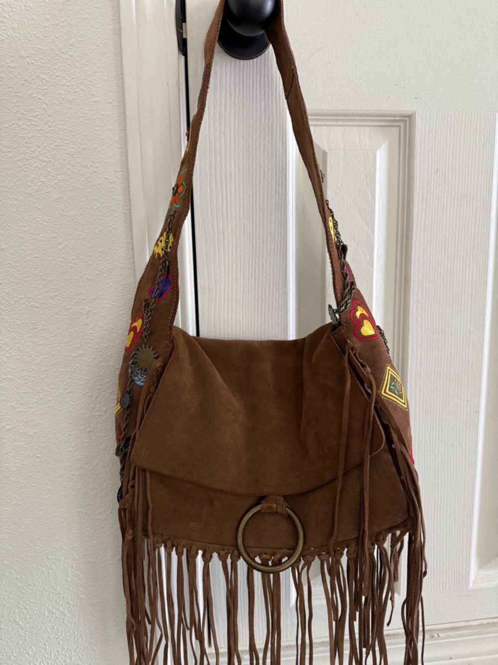 Francesco Biasia Brown Suede Fringe Shoulder Bag with Embroidered Strap